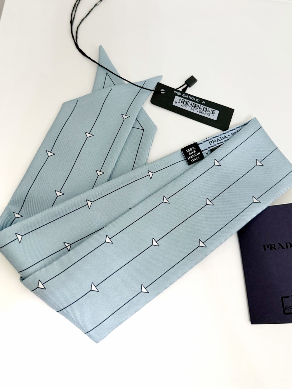 Prada Pale Blue Silk Twilly with Arrow Stripe
